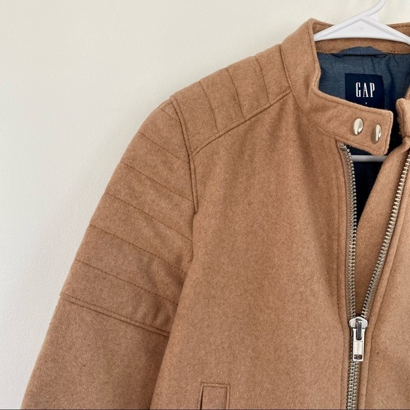GAP Tan/Camel Wool Blend Moto Jacket | Cropped Fit | Chambray Lining | Like New - Picture 5 of 8